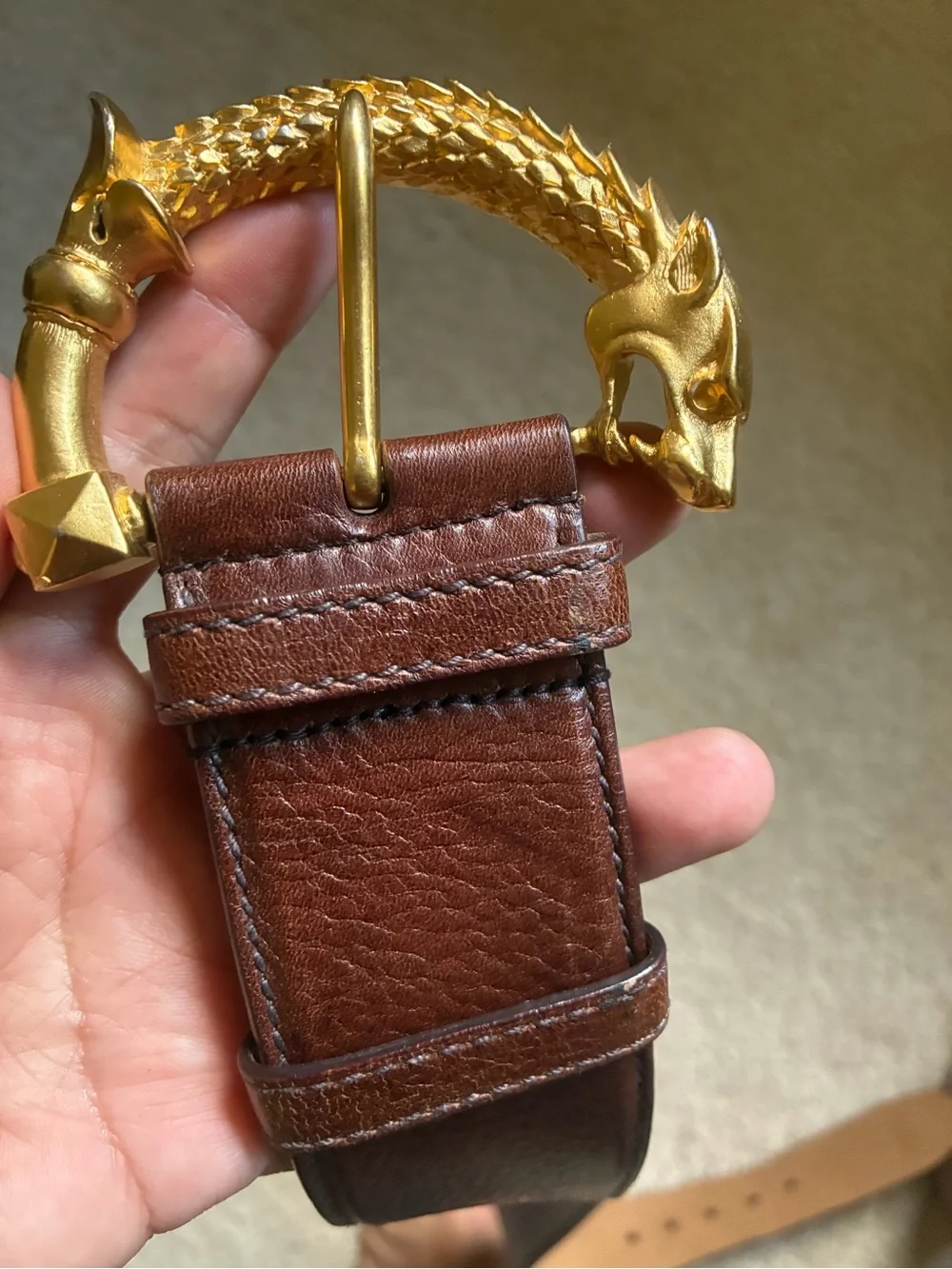 Authentic Prada Brown Leather Belt with Dragon Snake Gold Serpent Buckle - Picture 14 of 15